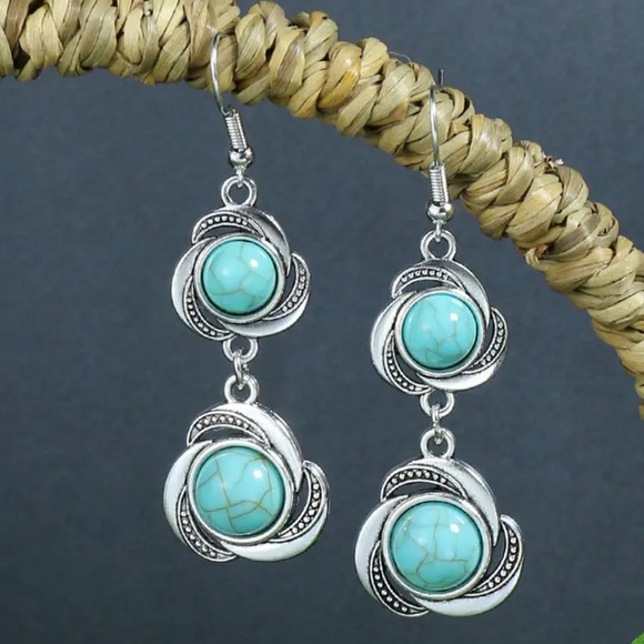 Jewelry - Vintage Boho Drop Dangle Earrings Ancient Silvery W/ Turquoise